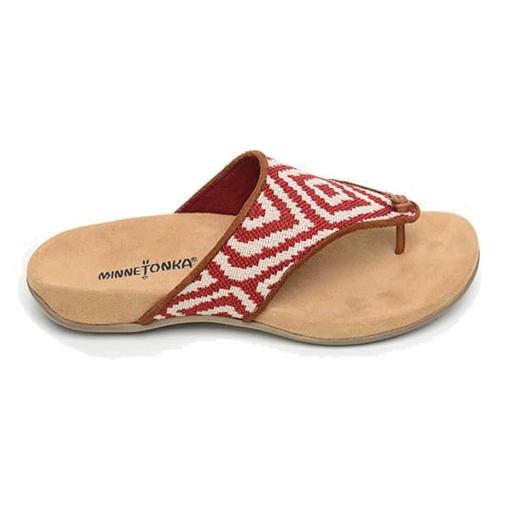 Minnetonka Women's Red Tan Mara Casual Ikat Slip-On Thong Sandal Size 9‎